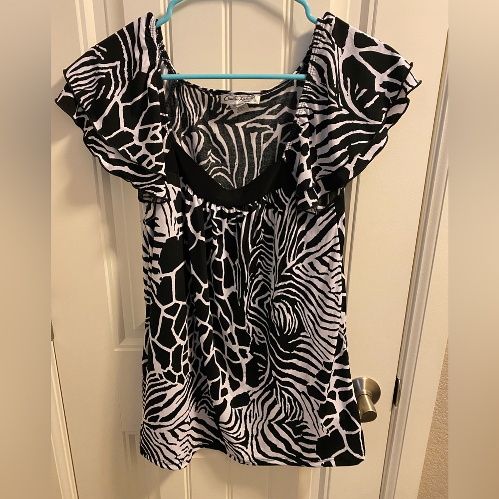 Claudia Richard L Top Animal Print Black White Large Blouse Lg Shirt